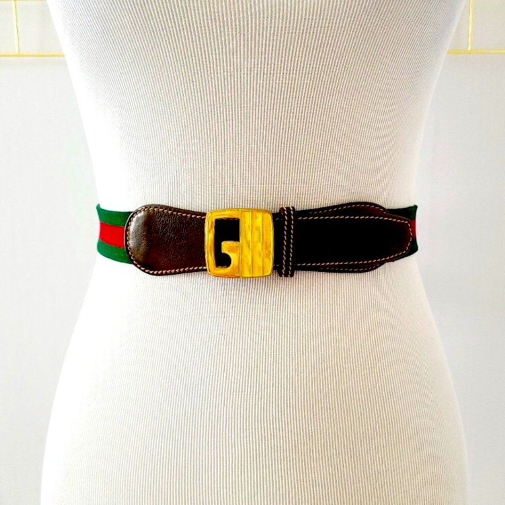 🛑SOLD!Gucci Striped Green Red Brown Leather Stretch 80-32 Vintage Belt